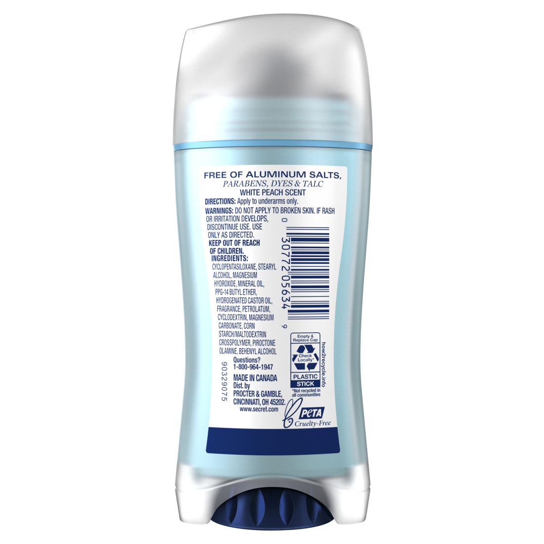 Secret Aluminum Free Deodornat For Women Dry Solid White Peach - 2.4oz/12pk