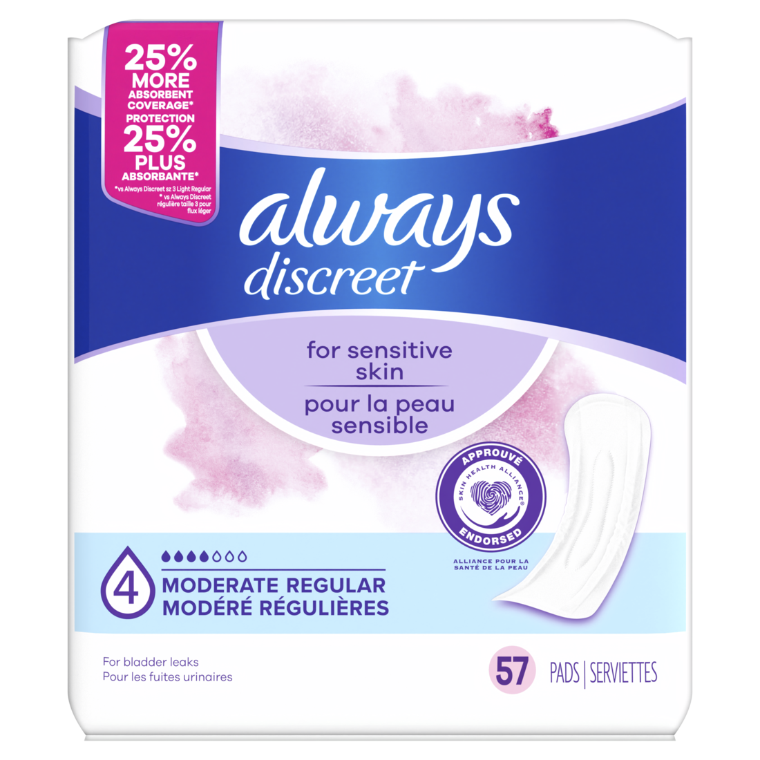 Always Discreet Incontinence Pads For Women With Bladder Leaks Sensitive Skin Pads Moderate Absorbency Regular Length - 57ct/3pk