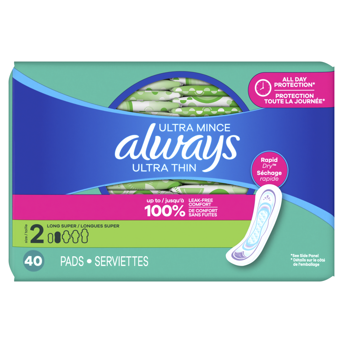 Always Ultra Thin Feminine Pads Without Wings For Women Size 2 Long Super Absorbency Unscented - 40ct/3pk