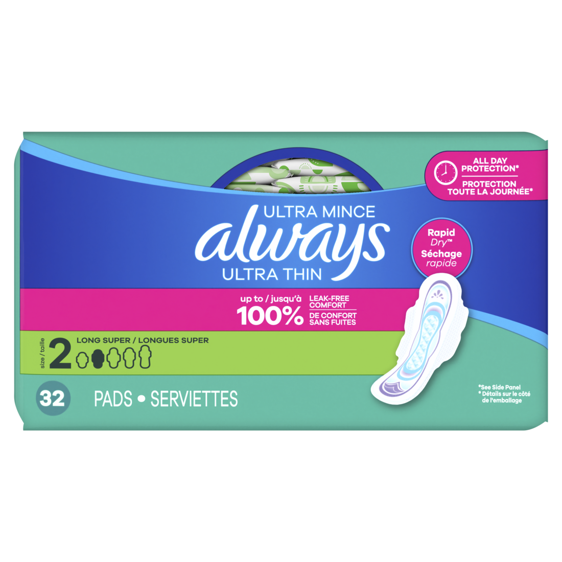 Always Ultra Thin Feminine Pads With Wings For Women Size 2 Long Super Absorbency Unscented - 32ct/3pk