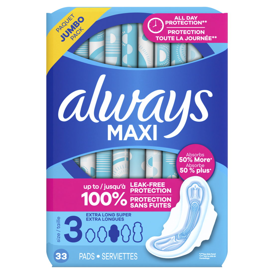 Always Maxi Feminine Pads With Wings For Women Size 3 Extra Long Super Absorbency Unscented - 33ct/3pk