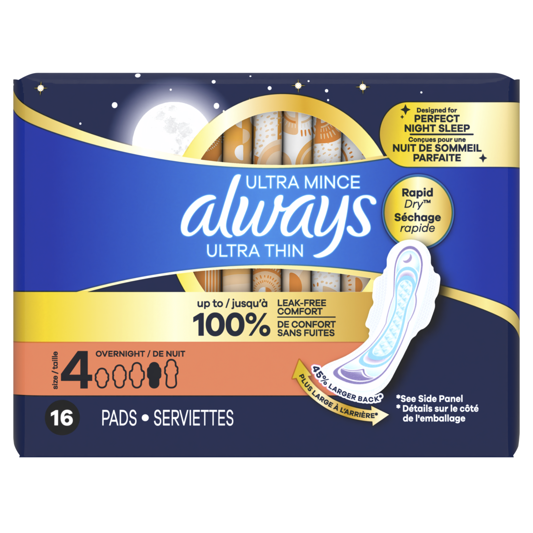 Always Ultra Thin Feminine Pads With Wings For Women Size 4 Overnight Absorbency Unscented - 16ct/12pk