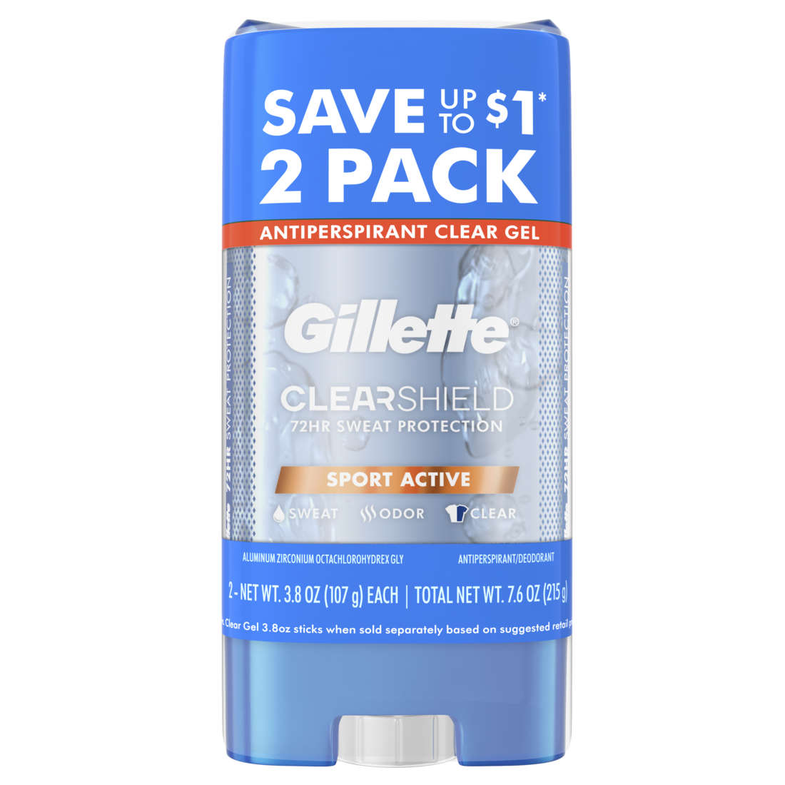 Gillette Antiperspirant And Deodorant For Men Clear Gel Sport Active Twin Pack - (2x3.8)oz/6pk