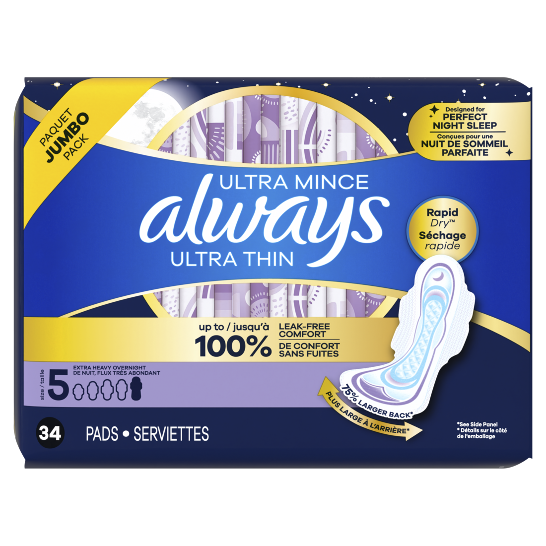 Always Ultra Thin Feminine Pads With Wings For Women Size 5 Extra Heavy Overnight Absorbency Unscented - 34ct/3pk