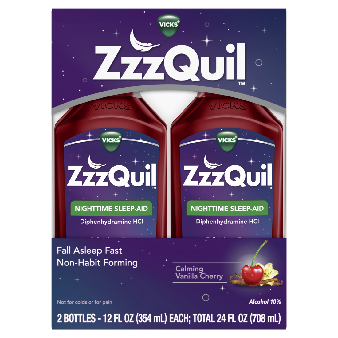 Zzzquil Liquid Sleep Aid Diphenhydramine 50Mg Hcl Calming Vanilla Cherry Flavored Nighttime Sleep Aid Liquid Sleep Aids For Adults 2 Pack - (2x12)oz/3pk