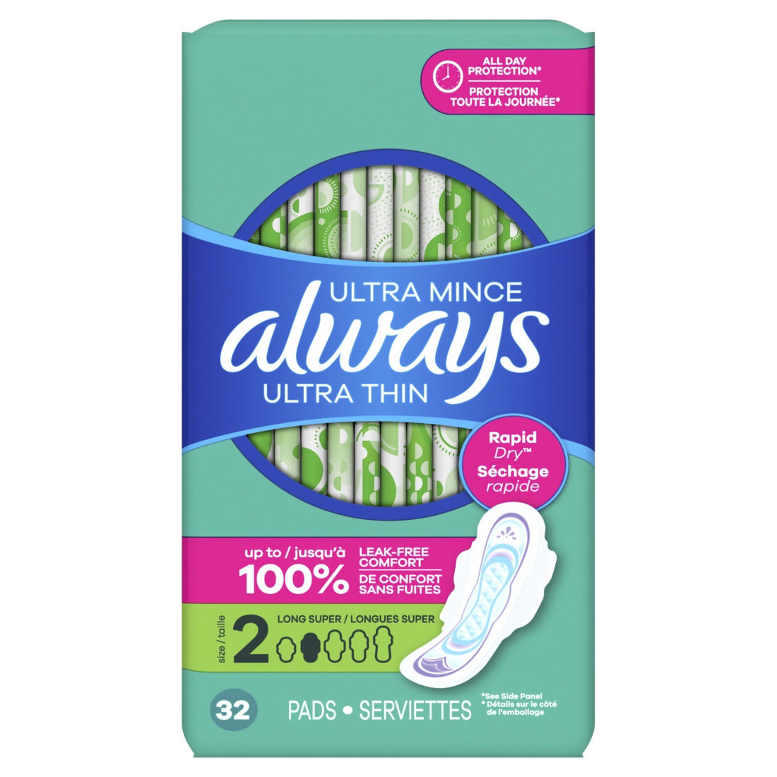 Always Ultra Thin Feminine Pads With Wings For Women Size 2 Long Super Absorbency Unscented - 32ct/3pk