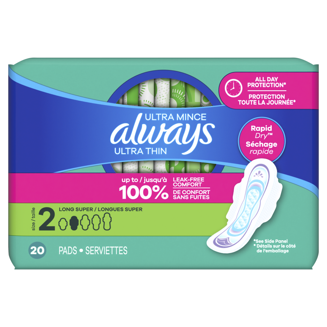 Always Ultra Thin Feminine Pads With Wings For Women Size 2 Long Super Absorbency Unscented - 20ct/6pk