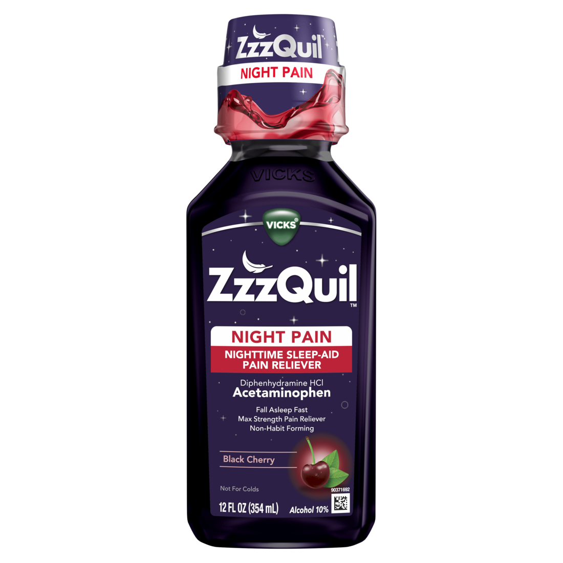 Zzzquil Liquid Max Strength Pain Reliever Nighttime Sleep Aid Liquid Acetaminophen 1000Mg Diphenhydramine 50Mg Hci Non-Habit Forming Black Cherry Flavored - 12oz/12pk