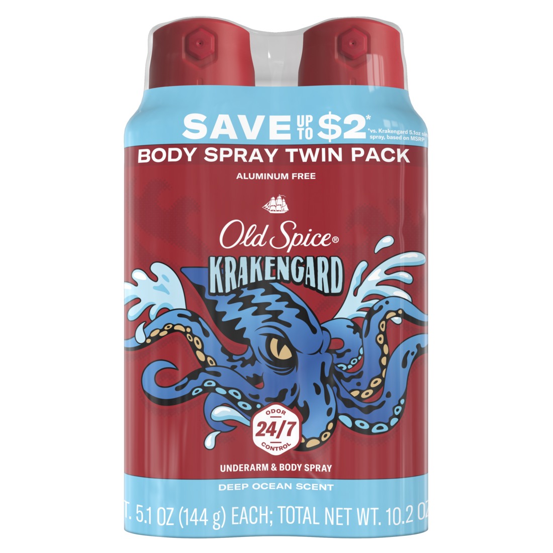 Old Spice Aluminum Free Deodorant For Men 24/7 Freshness Body Spray Long Lasting Odor Protection Cologne Quality Fragrance Krakengard Deep Ocean Scent Twin Pack - (2x5.1)oz/6pk