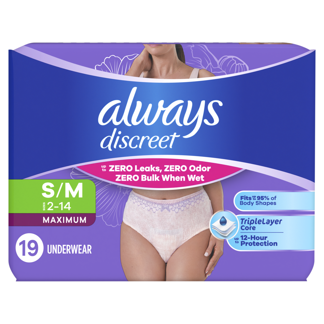 Always Discreet Reimagined Adult Diapers For Women Maximum Incontinence And Postpartum Underwear S/M 19 Ct - 19ct/2pk