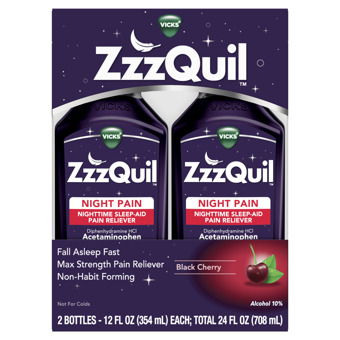 Zzzquil Liquid Max Strength Pain Reliever Nighttime Sleep Aid Liquid Acetaminophen 1000Mg Diphenhydramine 50Mg Hci Non-Habit Forming Black Cherry Flavored - (2x12)oz/3pk
