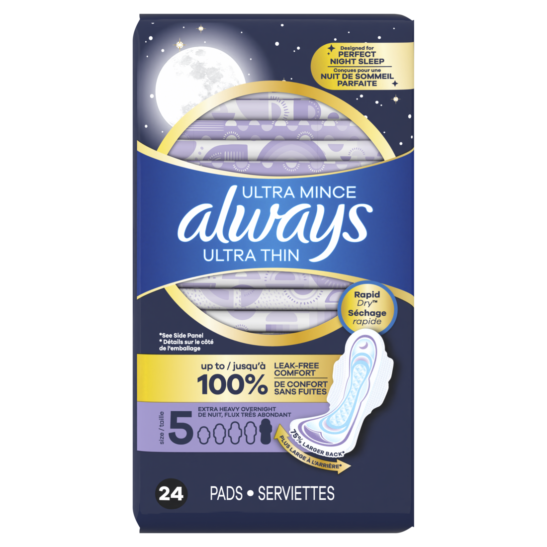 Always Ultra Thin Feminine Pads With Wings For Women Size 5 Extra Heavy Overnight Absorbency Unscented - 24ct/3pk
