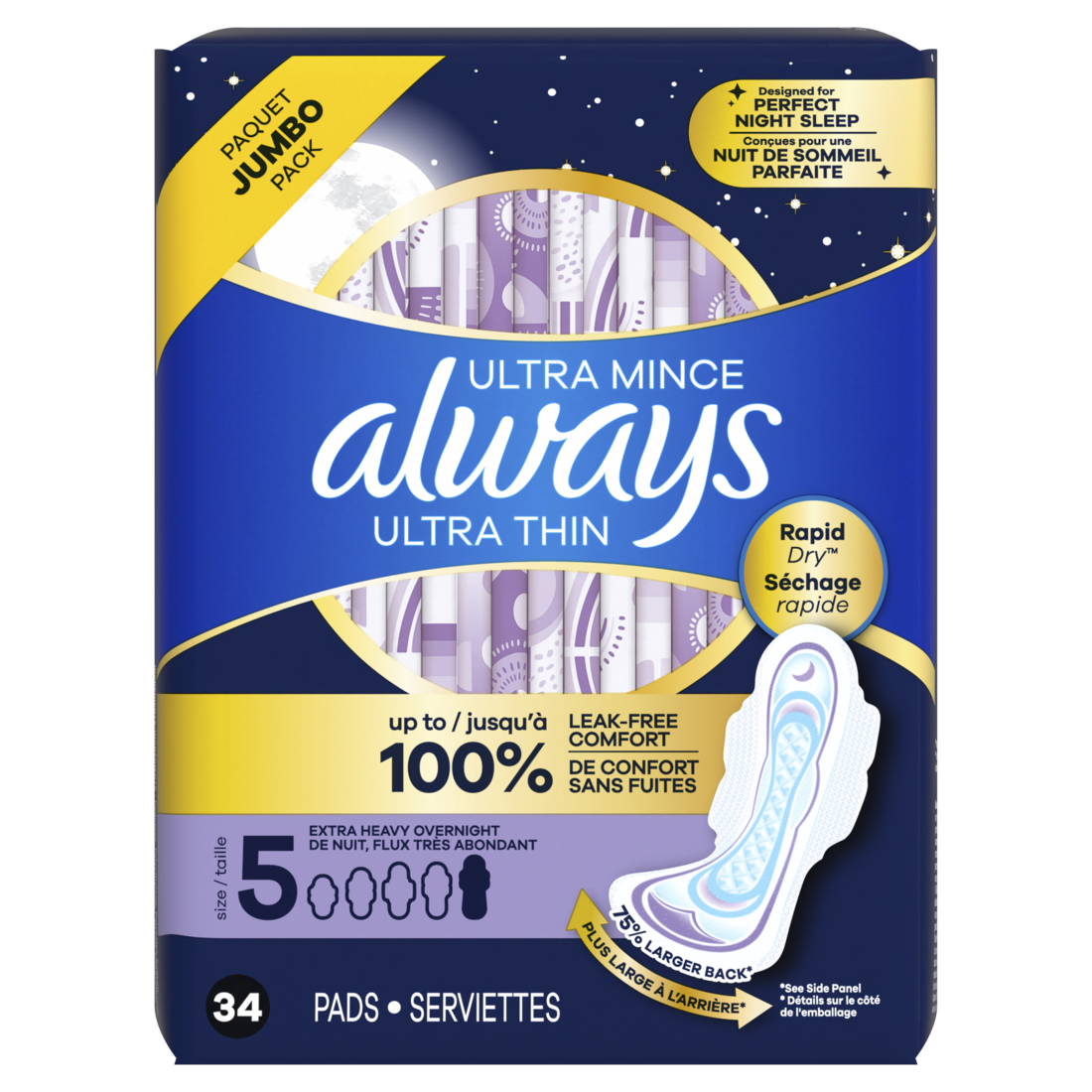 Always Ultra Thin Feminine Pads With Wings For Women Size 5 Extra Heavy Overnight Absorbency Unscented - 34ct/3pk