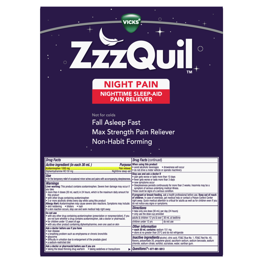 Zzzquil Liquid Max Strength Pain Reliever Nighttime Sleep Aid Liquid Acetaminophen 1000Mg Diphenhydramine 50Mg Hci Non-Habit Forming Midnight Berry Flavored 2 Pack - (2x12)oz/3pk