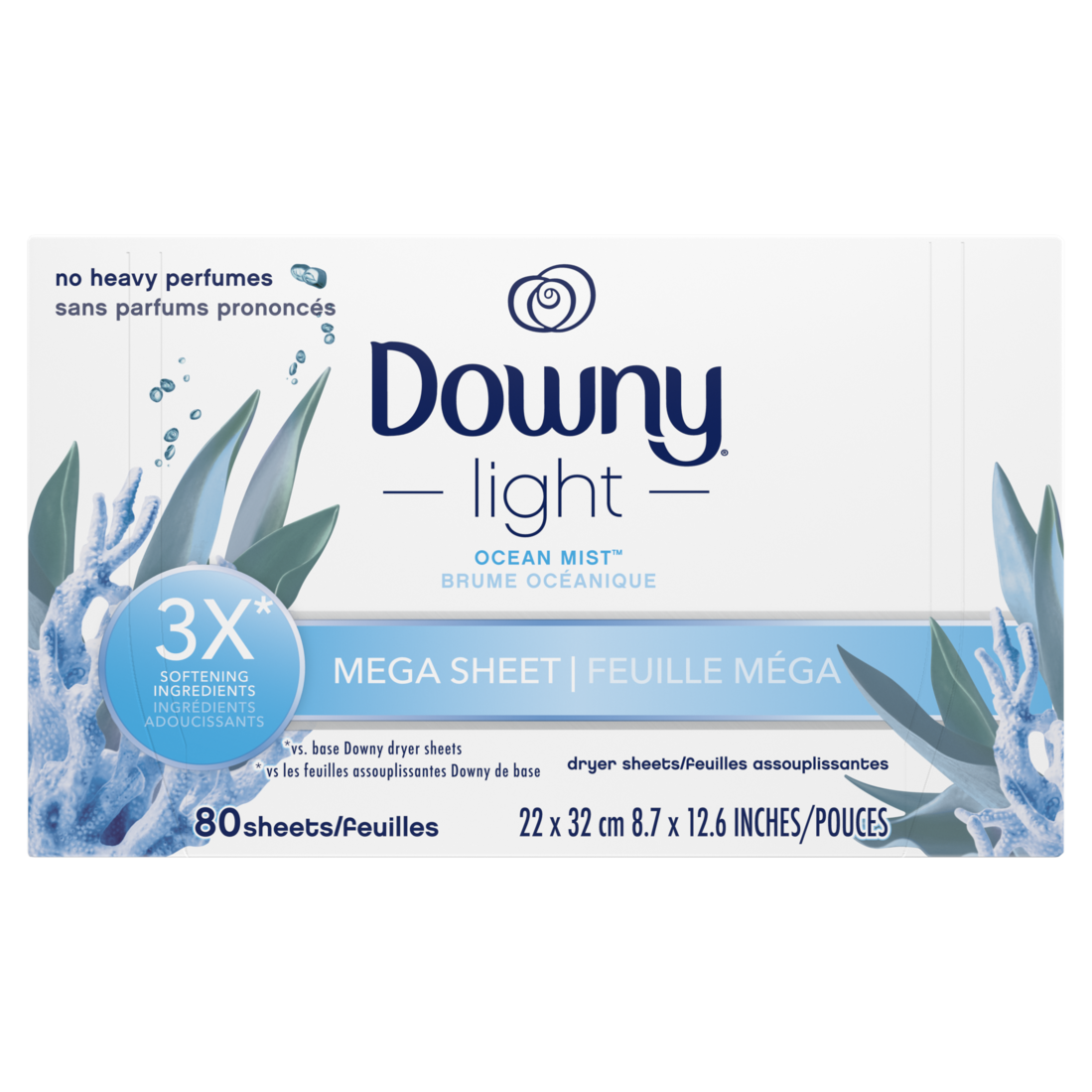 Downy Light Mega Dryer Sheets Fabric Softener Dryer Sheets Ocean Mist - 80ct/4pk