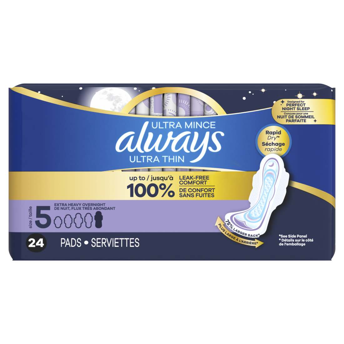 Always Ultra Thin Feminine Pads With Wings For Women Size 5 Extra Heavy Overnight Absorbency Unscented - 24ct/3pk