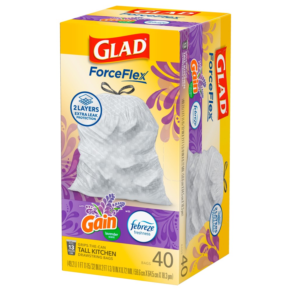 Glad Tall Kitchen Drawstring Lavender Odor Shield 13 Gallon - 40ct/6pk