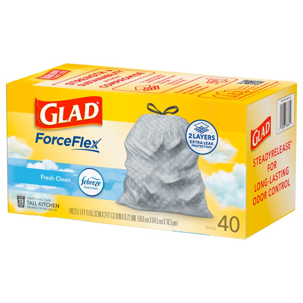 Glad Tall Kitchen Drawstring Fresh Clean Odor Shield 13 Gallon - 40ct/6pk