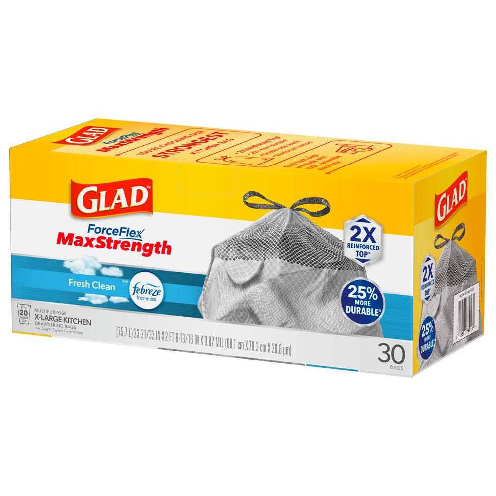 Glad Forceflex Maxstrength Grab Zone X-Large Drawstring Fresh Clean Odorshield 20 Gallon - 30ct/6pk
