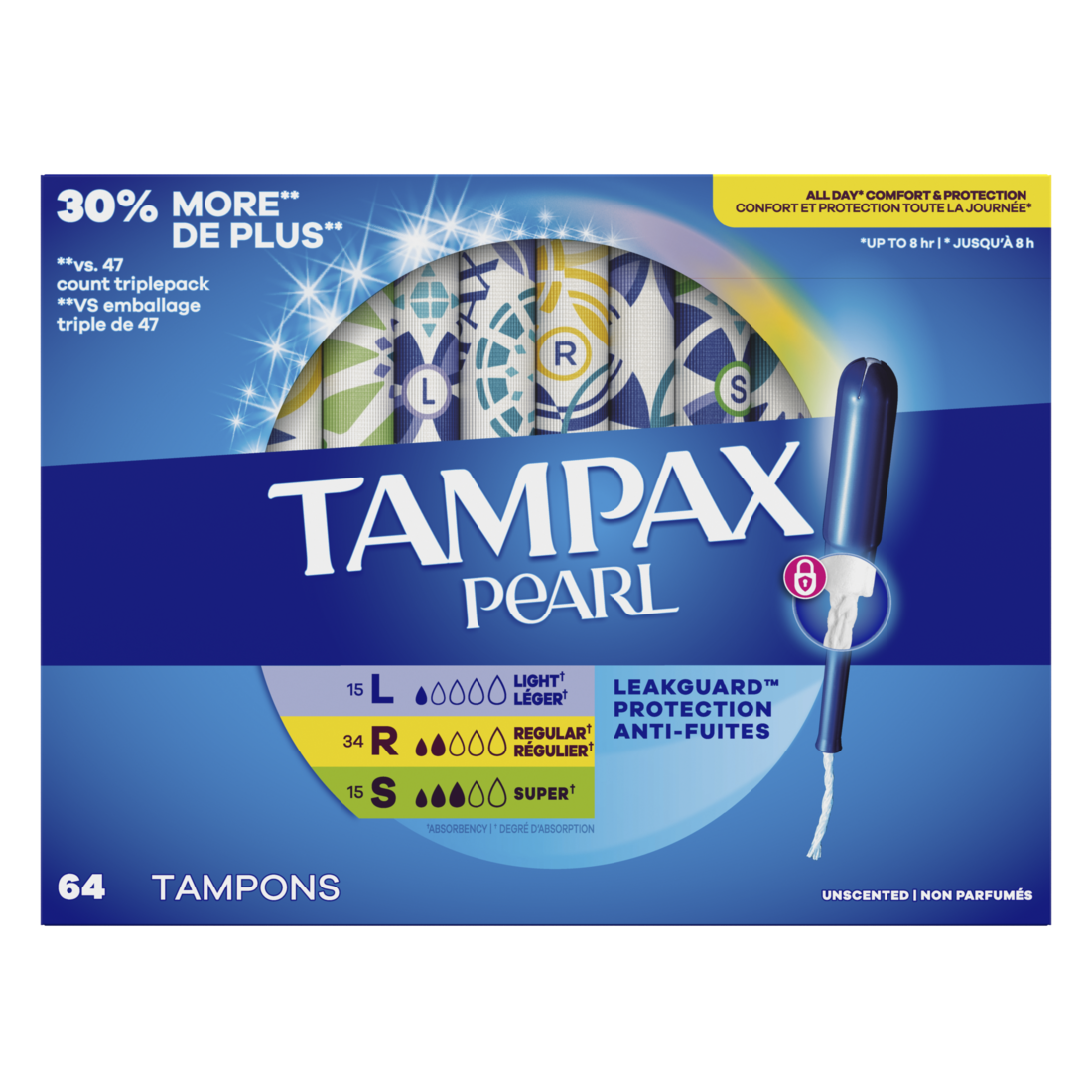 Tampax Pearl Tampons Multipack With Leakguard Braid Light/Regular/Super Absorbency Unscented - 64ct/4pk