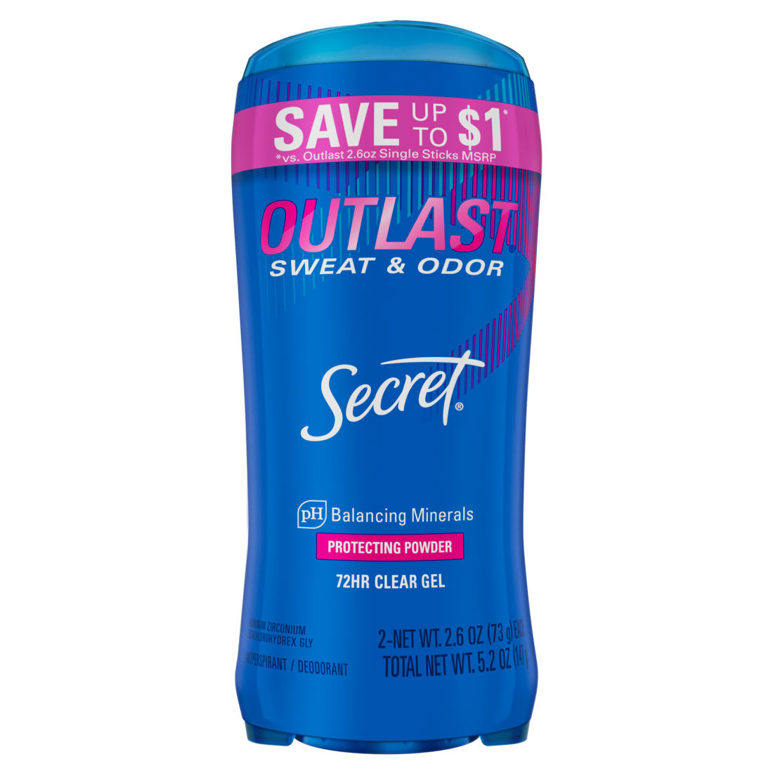 Secret Outlast Clear Gel Antiperspirant Deodorant for Women Protecting Powder - (2x2.6)oz/6pk