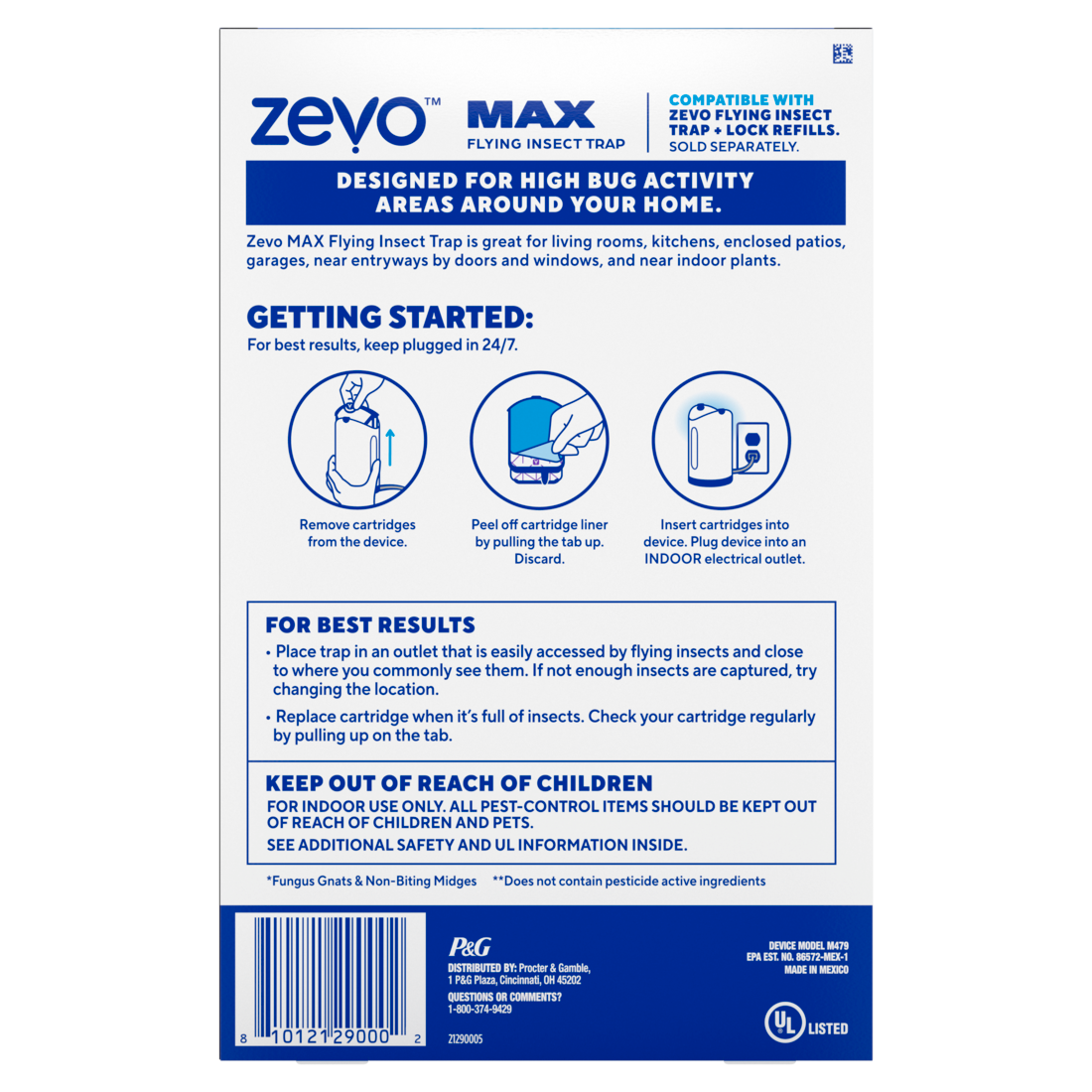 Zevo MAX Flying Insect Indoor Fly Trap: Easy Mess-Free Solution - Light Trap Catches & Kills House Flies Fruit Flies Gnats & More (1 Plug in Device & 2 Cartridges) - 1set/4pk