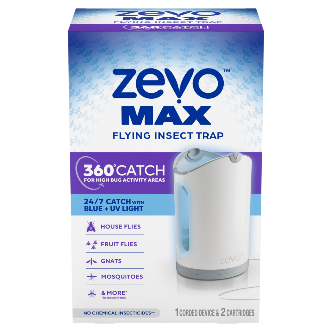 Zevo MAX Flying Insect Indoor Fly Trap: Easy Mess-Free Solution - Light Trap Catches & Kills House Flies Fruit Flies Gnats & More (1 Plug in Device & 2 Cartridges) - 1set/4pk