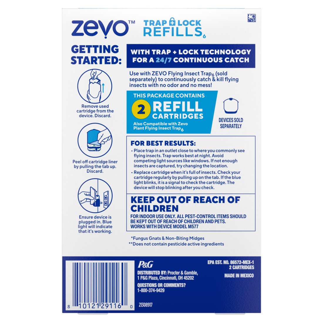 Zevo Compact Flying Insect Trap Refill: Indoor Light Trap Refill Cartridges Capture House Flies Fruit Flies and Gnats - Refill Cartridges - 2ct/8pk