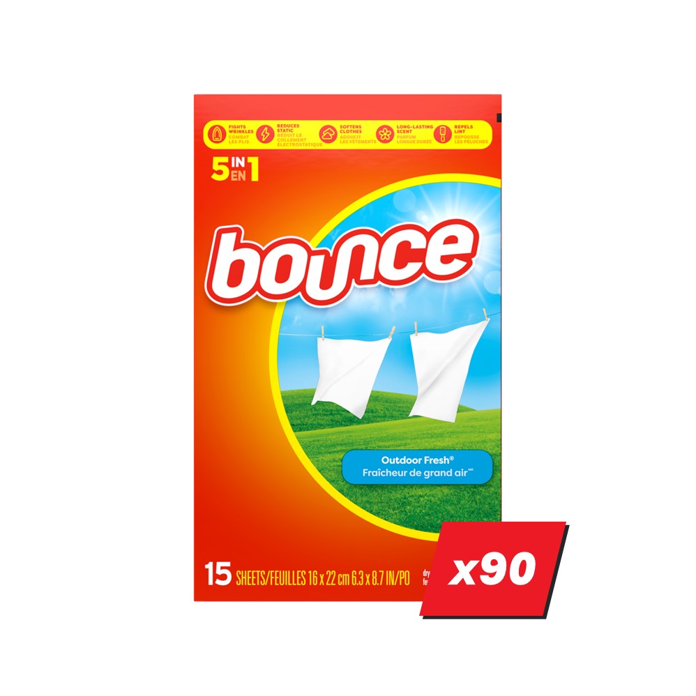 Bounce Dryer Sheets Display (90x15ct Outdoor Fresh) - 15ct/90pk