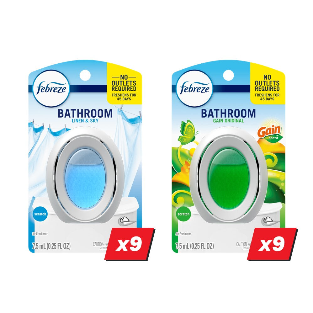 Febreze Air & Bathroom Freshener Display (9x0.25oz Linen & Sky Bath; 9x0.25oz Gain Original Bath; 12x8.1oz Gain Original Air; 12x8.1oz Linen & Sky Air; 12x8.1oz Twilight Lavender Air) - (0.25-8.1)oz/54pk