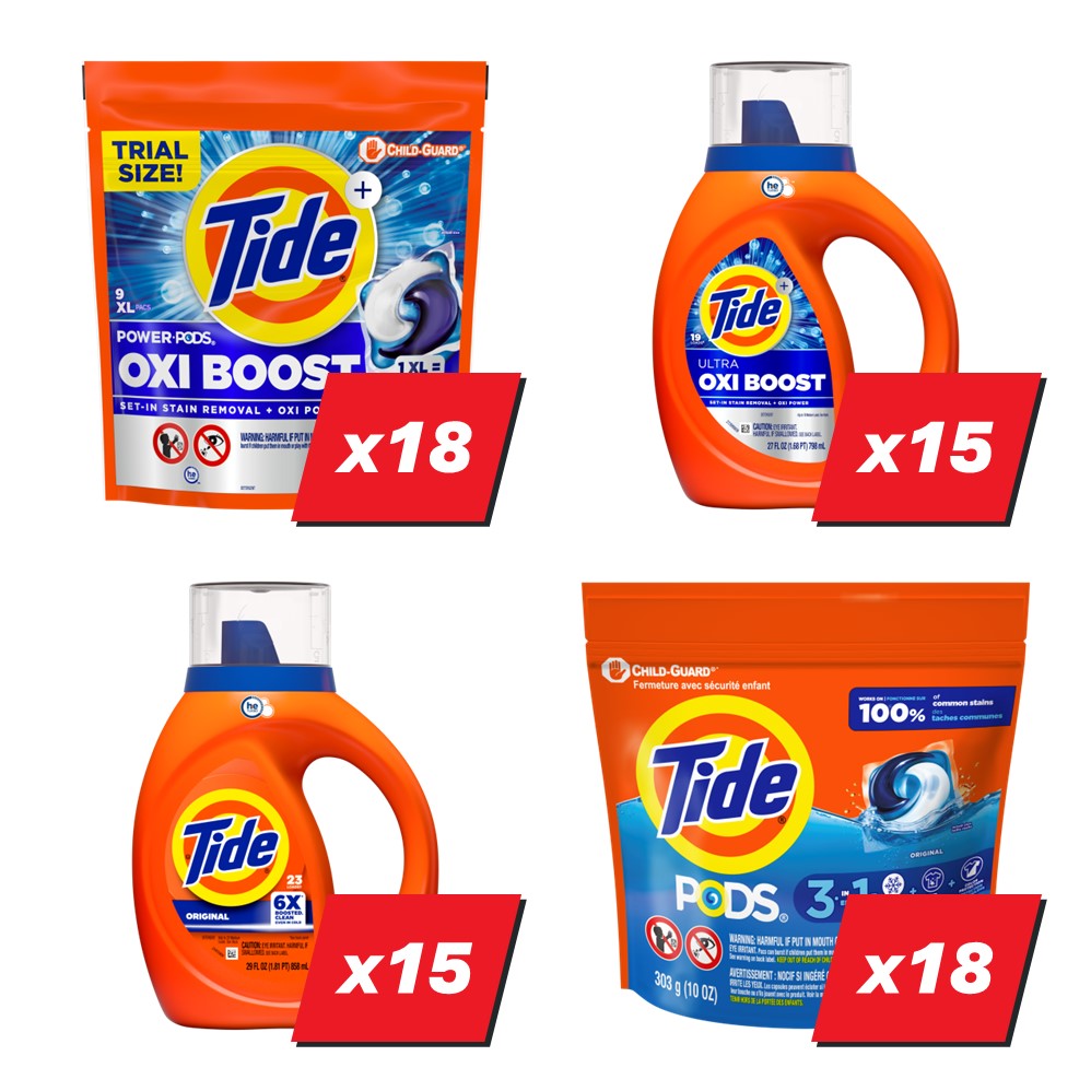 Tide Liquid & Pods Laundry Detergent Display (18x9ct Oxi Pods; 15x27oz Oxi Liquid; 15x29oz Original Liquid; 18x14ct Original Pods) - 66pk