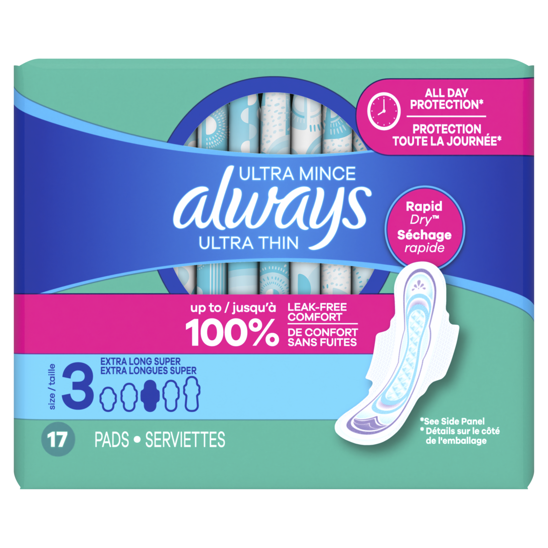 Always Ultra Thin Feminine Pads With Wings For Women Size 3 Extra Long Super Absorbency Unscented - 17ct/6pk