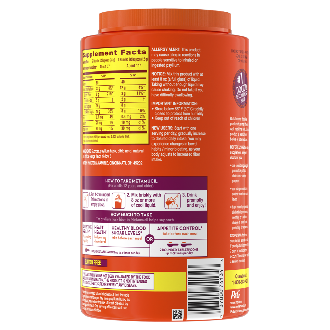 Metamucil 4-in-1 Psyllium Husk Glp-1 Friendly Fiber Supplement Real Sugar 114 Tablespoons Orange Flavored  Daily Fiber Powder For Digestive Health Made With Plant-Based Psyllium Husk Fiber - 48.2oz/4pk
