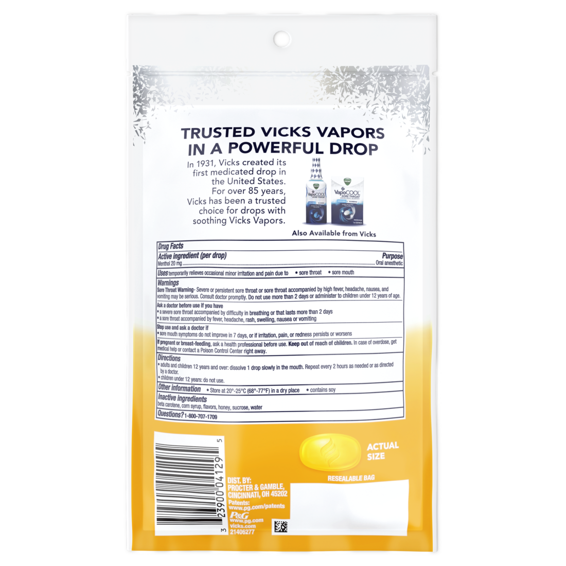 Vicks Vapocool Severe Max Strength* Menthol Cough Drop Alternative/Sore Throat Lozenge For Sore Throat Relief Honey Lemon - 18ct/12pk
