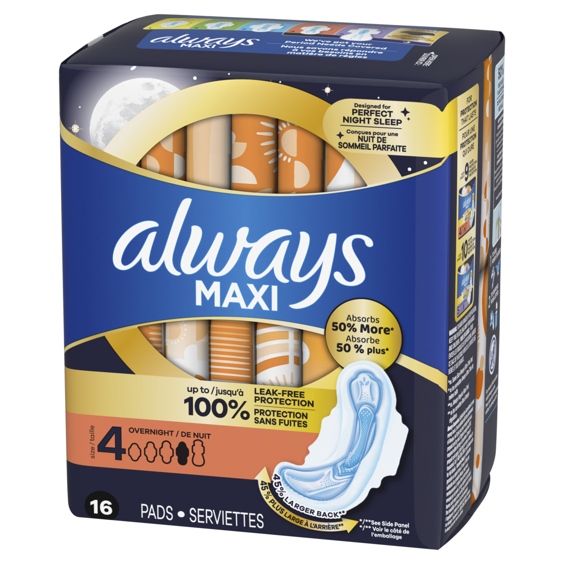 Always Maxi Overnight Pads With Wings For Women Size 4 Overnight Absorbency Unscented - 16ct/12pk