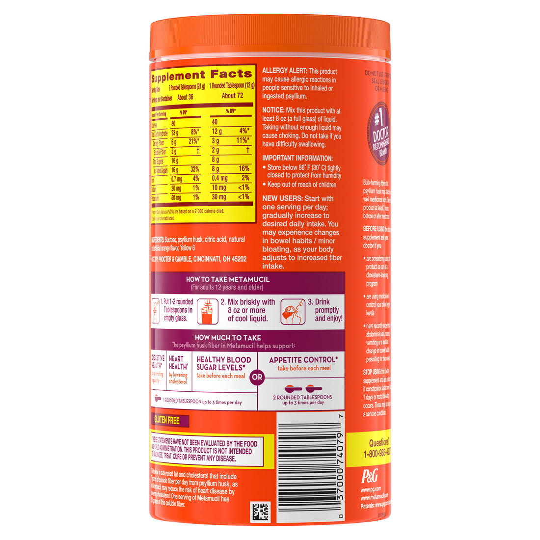 Metamucil 4-in-1 Psyllium Husk Glp-1 Friendly Fiber Supplement Real Sugar 72 Tablespoons Orange Flavored  Daily Fiber Powder For Digestive Health Made With Plant-Based Psyllium Husk Fiber - 30.4oz/4pk