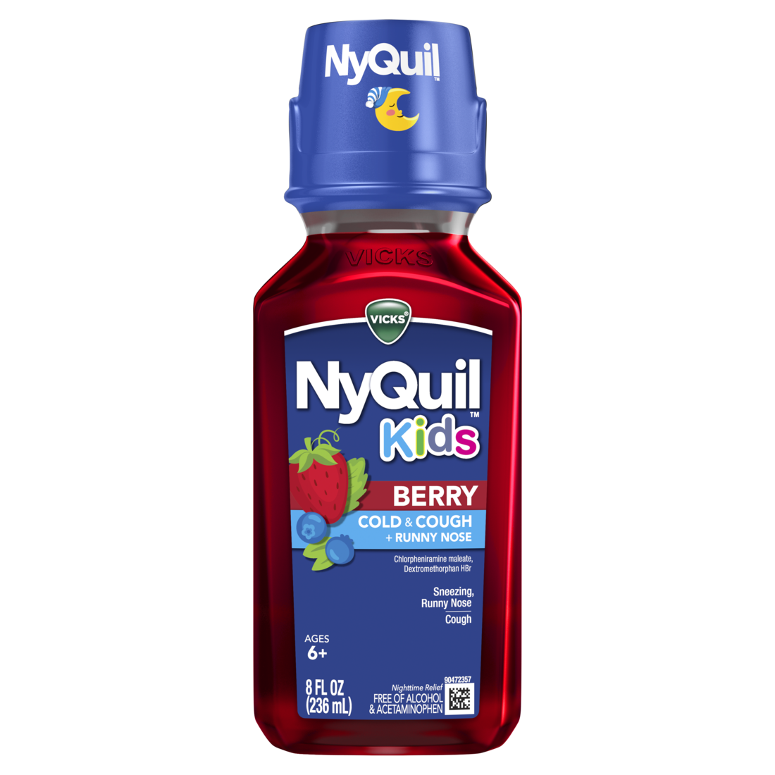 Vicks Nyquil Kids Berry Cold & Cough + Runny Nose Multi-Symptom Medicine Nighttime Relief From Sneezing Runny Nose Nasal Congestion & Cough Great-Tasting Berry Flavor Free Of Alcohol & Acetaminophen For Children Ages 6+ - 8oz/12pk