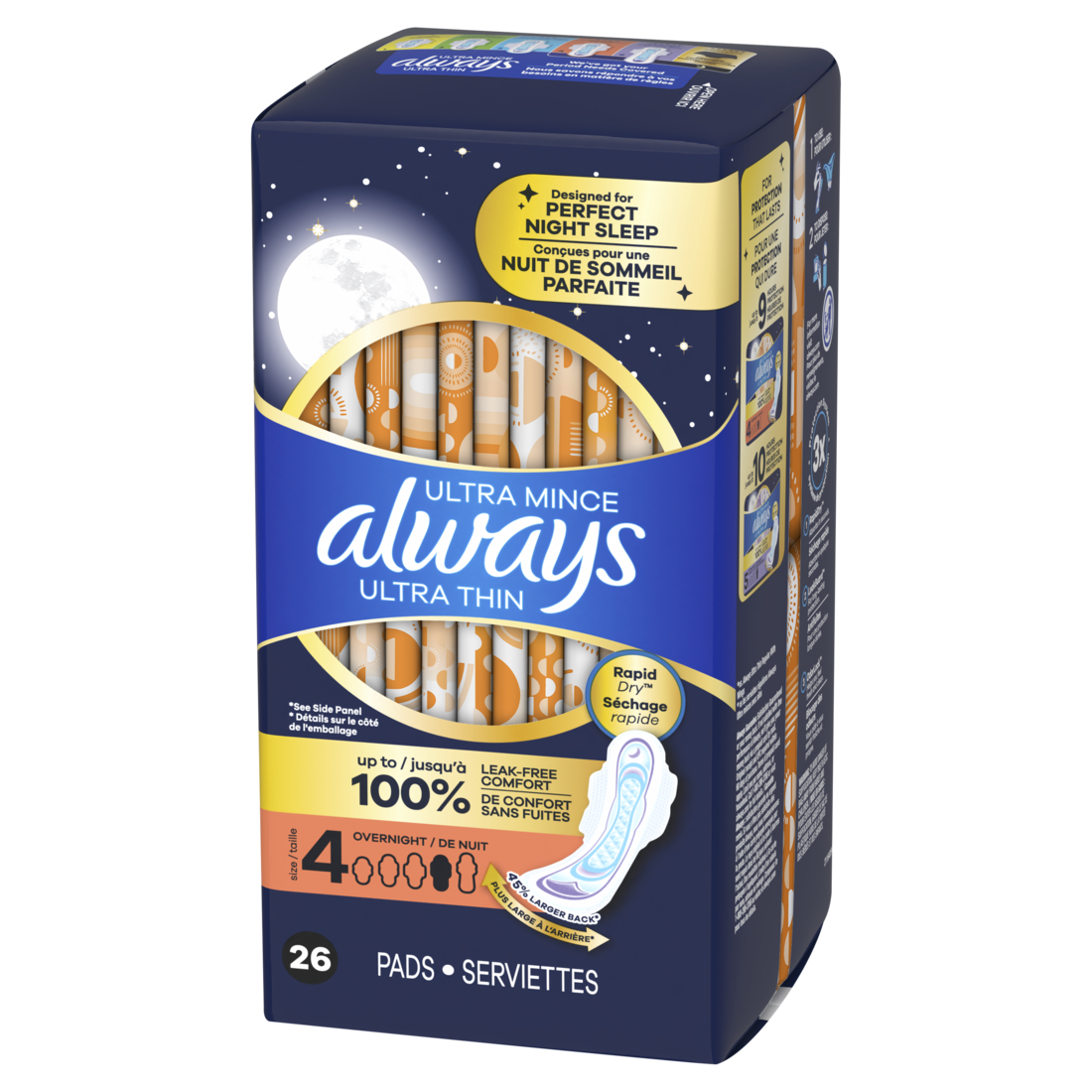 Always Ultra Thin Feminine Pads With Wings For Women Size 4 Overnight Absorbency Unscented - 26ct/3pk