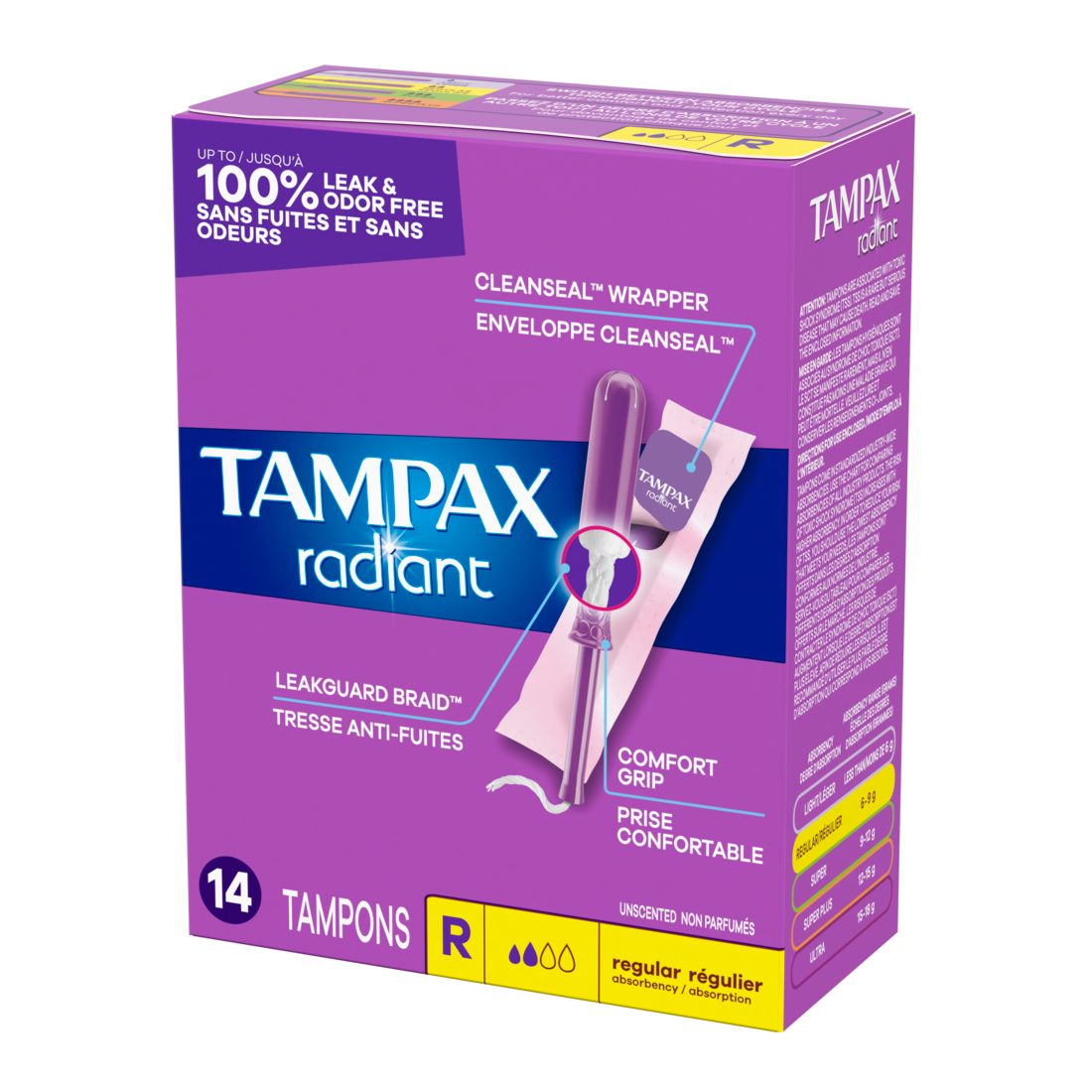 Tampax Radiant Tampons With Leakguard Braid Regular Absorbency Unscented - 14ct/12pk