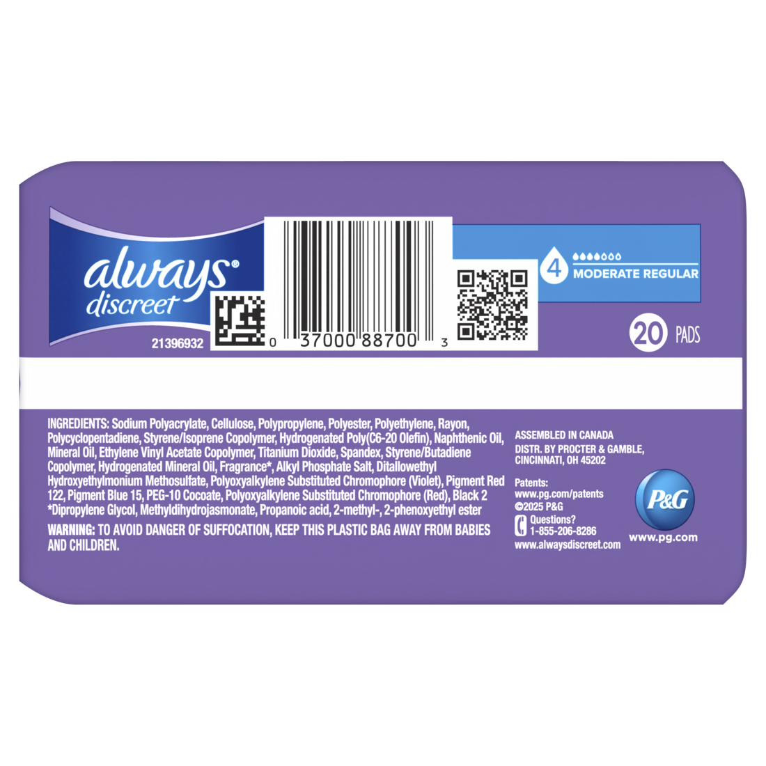 Always Discreet Adult Incontinence Pads For Women Moderate Absorbency Regular Length Postpartum Pads Size 4 - 20ct/3pk