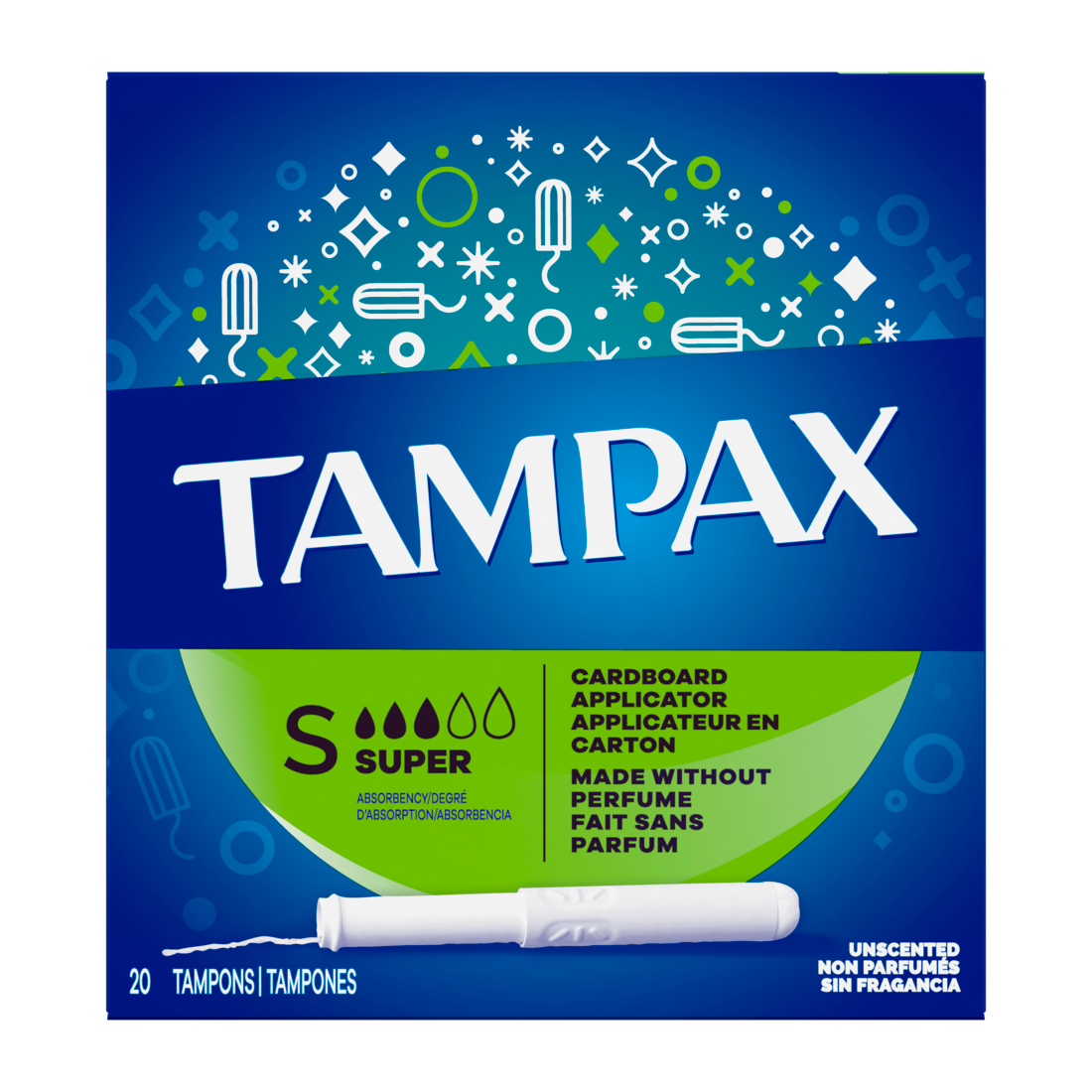 Tampax Cardboard Tampons Super Absorbency Anti-Slip Grip Leakguard Skirt Unscented - 20ct/24pk