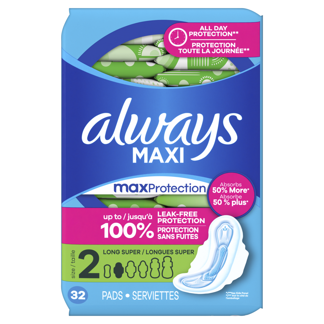 Always Maxi Feminine Pads With Wings For Women Size 2 Long Super Absorbency Unscented - 32ct/6pk