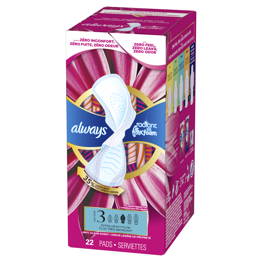 Always Radiant With Flexfoam Pads Size 3 Extra Heavy With Wings Light Clean Scent - 22ct/3pk