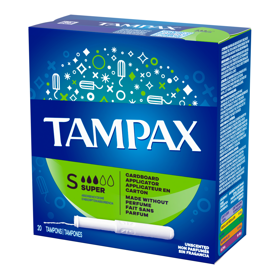 Tampax Cardboard Tampons Super Absorbency Anti-Slip Grip Leakguard Skirt Unscented - 20ct/24pk