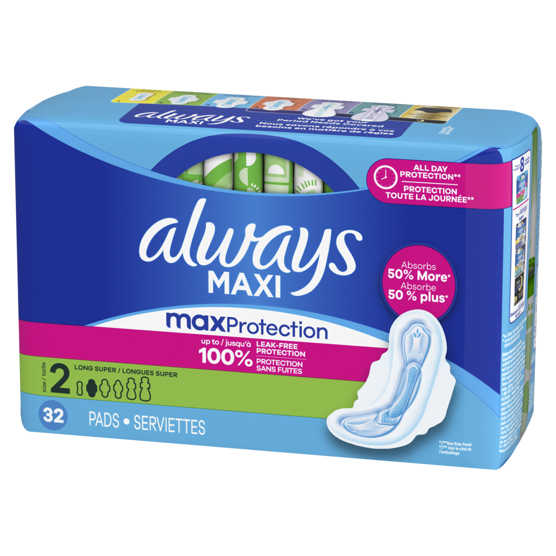 Always Maxi Feminine Pads With Wings For Women Size 2 Long Super Absorbency Unscented - 32ct/6pk
