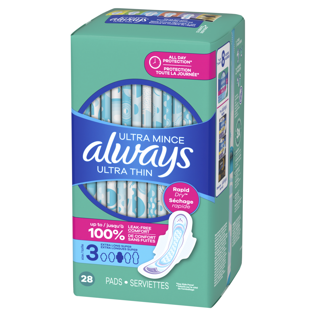 Always Ultra Thin Feminine Pads With Wings For Women Size 3 Extra Long Super Absorbency Unscented - 28ct/3pk