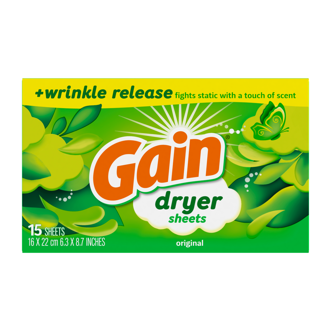 Gain Dryer Sheets Plus Wrinkle Release Original Scent Fights Static With A Touch Of Scent Laundry Sheets - 15ct/15pk