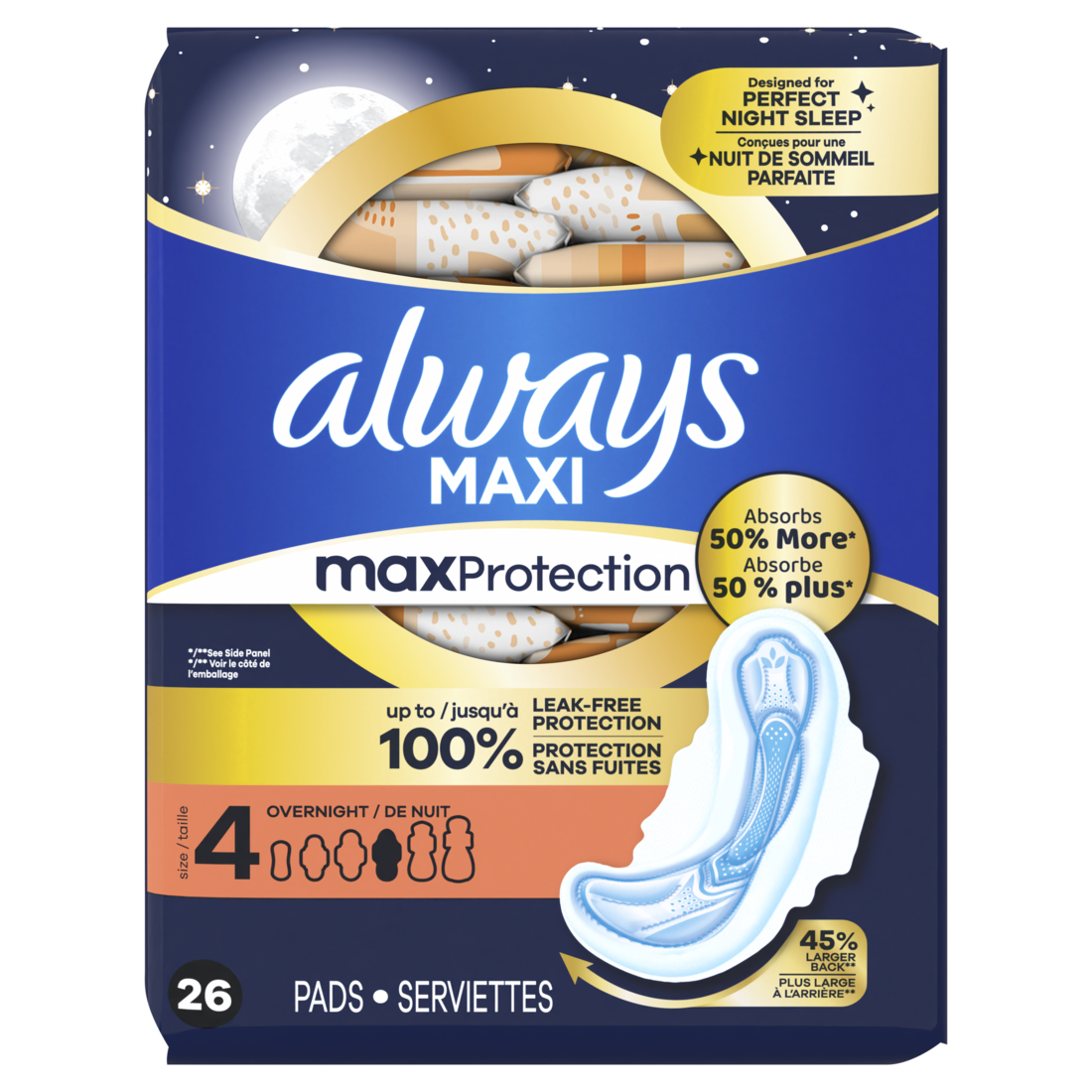 Always Maxi Overnight Pads With Wings For Women Size 4 Overnight Absorbency Unscented - 26ct/6pk