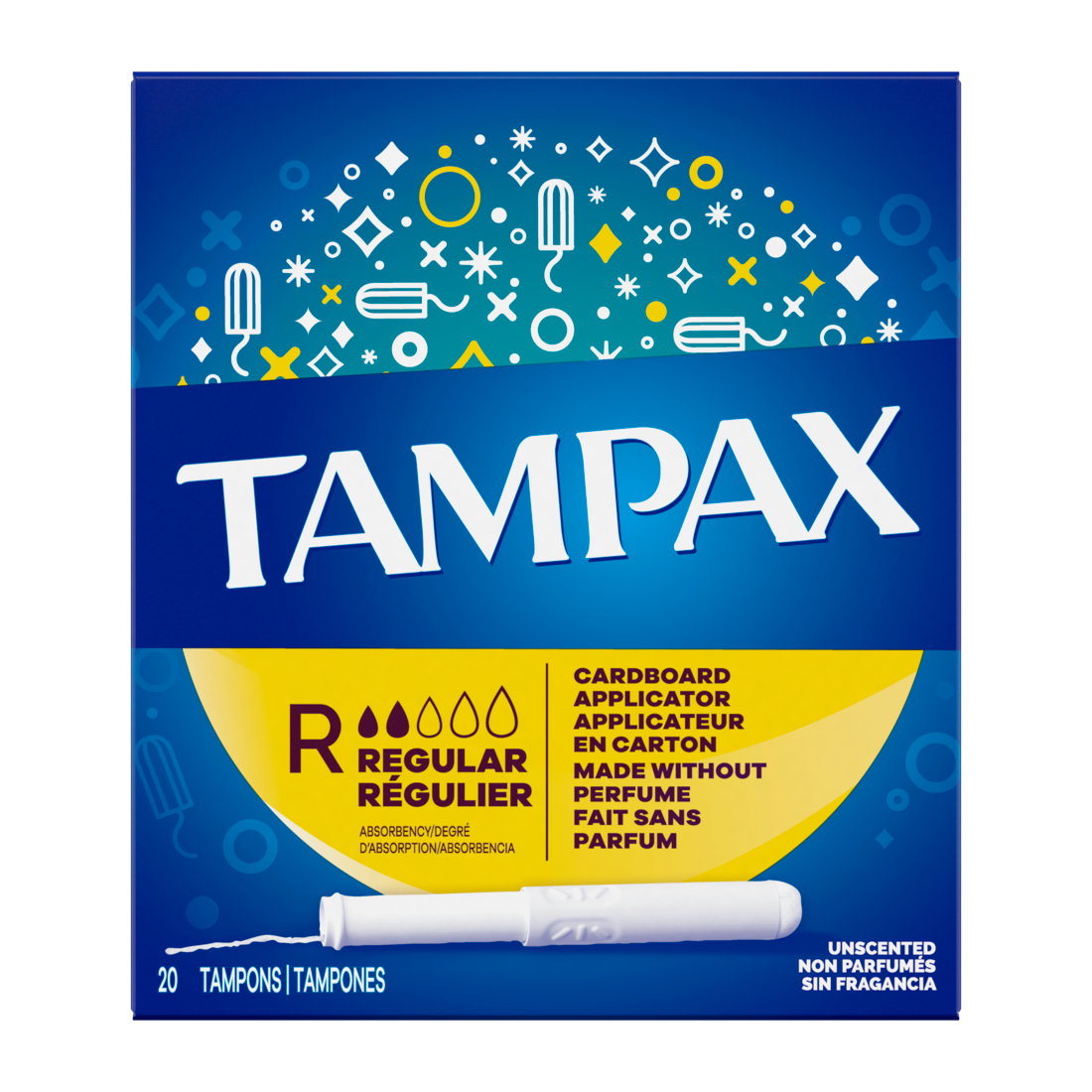 Tampax Cardboard Tampons Regular Absorbency Anti-Slip Grip Leakguard Skirt Unscented - 20ct/24pk