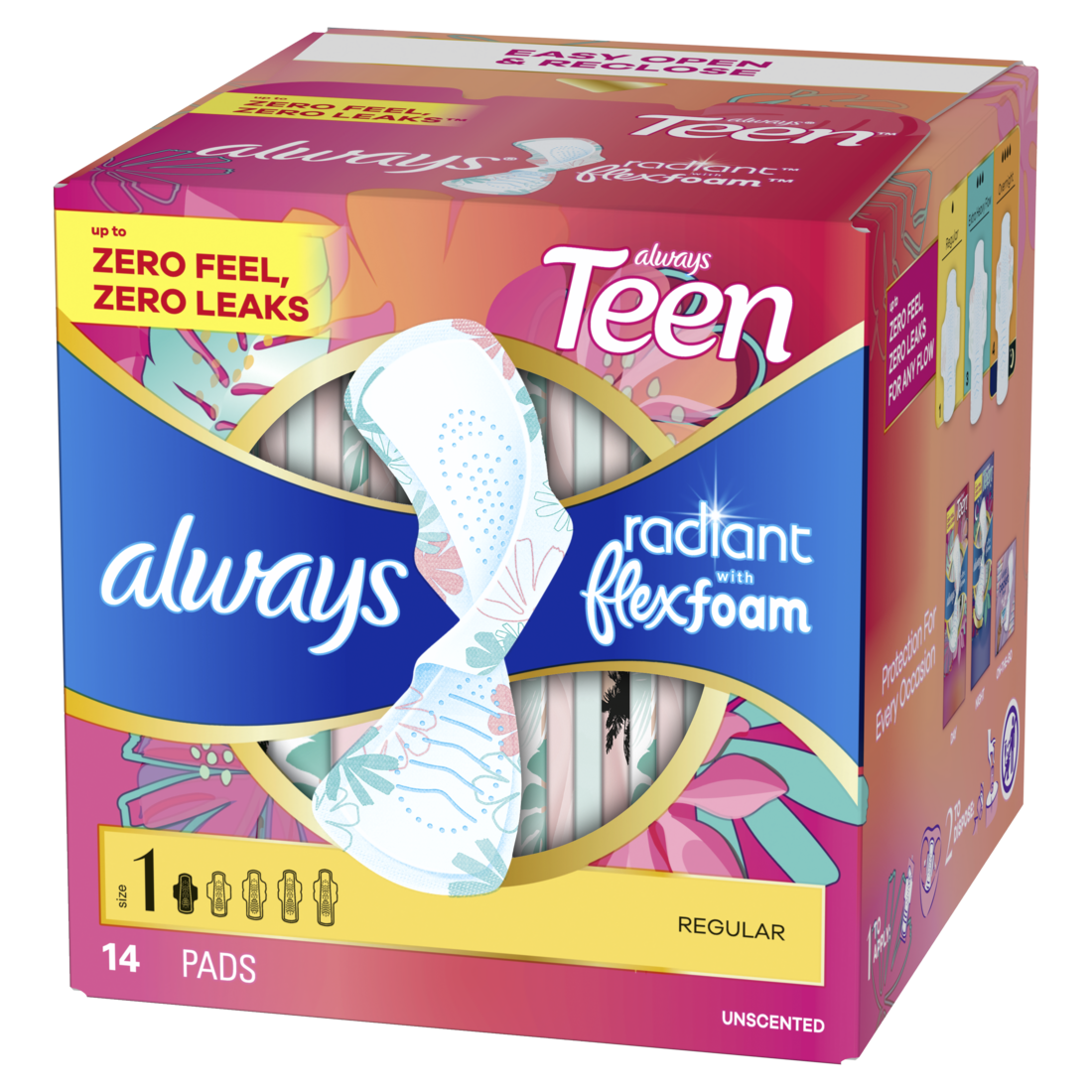 Always Radiant Teen With Flexfoam Pads Size 1 Regular With Wings Unscented - 14ct/12pk